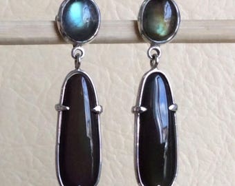 Spectrolite and labradorite earrings, silver earrings with multiple stones, labradorite earrings, spectrolite earrings, drop earrings .