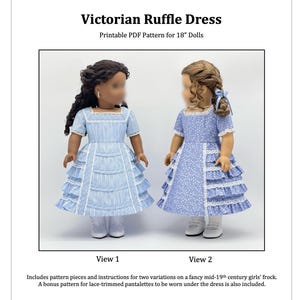 May include: A printable PDF pattern for 18" dolls titled Victorian Ruffle Dress by A Stitch in Time's Line. The image displays two dolls wearing dresses with short sleeves, square necklines, and tiered ruffles trimmed with white lace.