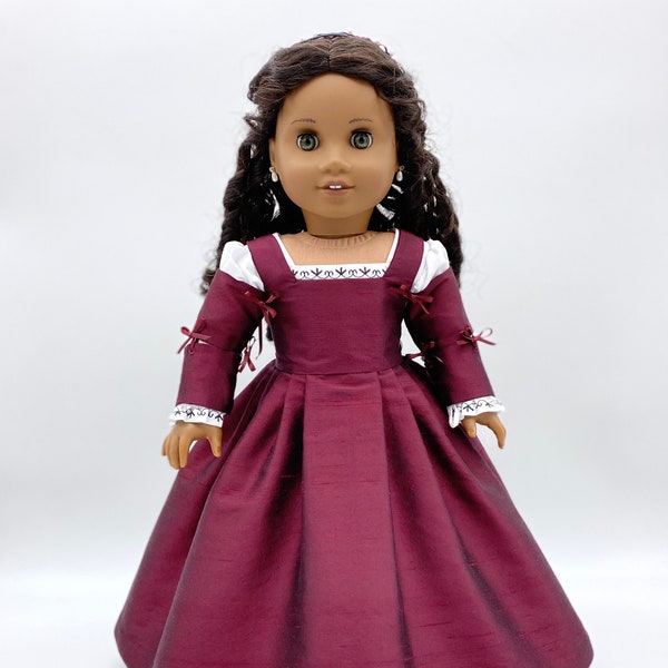 Renaissance Era Silk Kirtle, Embroidered Smock, and Pearl-Beaded Snood for 18" Dolls