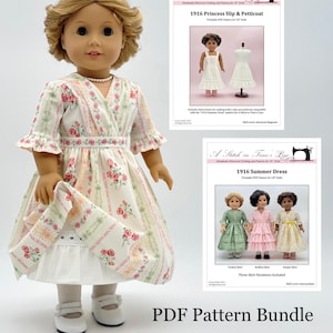 Op de afbeelding: Een pop draagt een jurk met bloemenprint, een bijpassende handtas, witte schoenen en een parelketting. Twee PDF-patrooncovers zijn zichtbaar, één voor een prinsessen slip en petticoat, en een andere voor een zomerjurk, beide voor poppen van 45,7 cm.