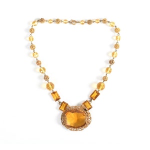 Vintage 1930s Czech Glass Necklace: Brass Filigree Deco Jewelry