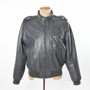 Vintage 1980s Large Gray Leather Bomber Jacket  | by Peter Jon Et | True Vintage 80s Short Gray Coat
