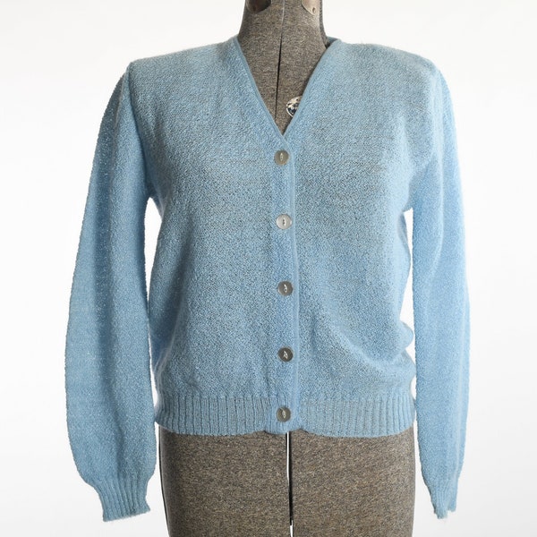 Vintage 1960s Medium Blue Mohair Wool V Neck Cardigan Sweater | by Sweetree | True Vintage 60s Sky Blue Fuzzy Layering Sweater