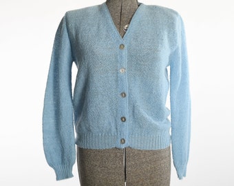 Vintage 1960s Medium Blue Mohair Wool V Neck Cardigan Sweater | by Sweetree | True Vintage 60s Sky Blue Fuzzy Layering Sweater