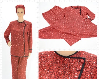 Vintage 1980s Small Red Black Geometric 3 Piece Loungewear Pajama Set | True Vintage 80s Does 40s Handmade Pants Set
