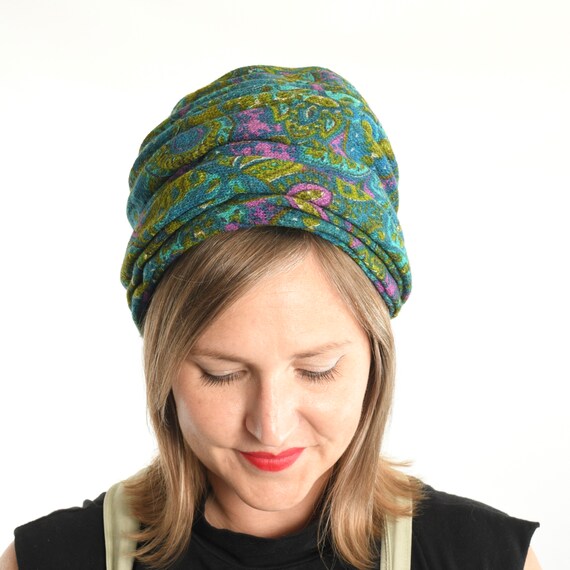 Vintage 1960s Blue Green Purple Wool Turban Hat  … - image 2