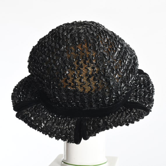 Vintage 1960s Black Straw Velvet Trim Split Brim … - image 10