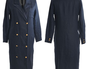 Vintage 1980s Navy Blue Linen Double Breasted Duster Coat Dress | Small | by Brooks Brothers
