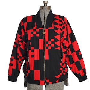 Vintage 90s Large Bomber Jacket: Red Black Geometric Lion Crest, Star Zipper
