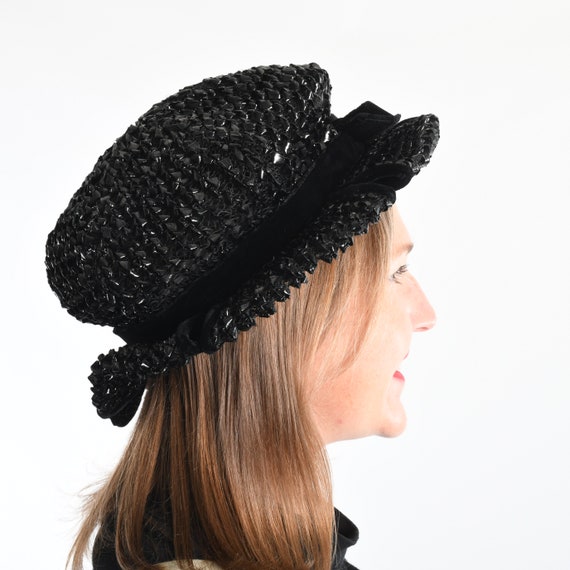 Vintage 1960s Black Straw Velvet Trim Split Brim … - image 2