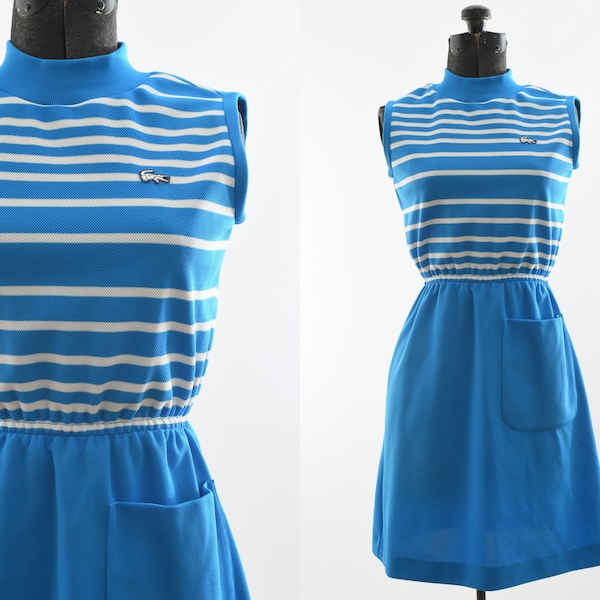 Vintage 1960s XS Blue White Striped Preppy Sleeveless Dress | Lacoste by David Crystal | True Vintage Late 60s Tennis Sportswear Dress