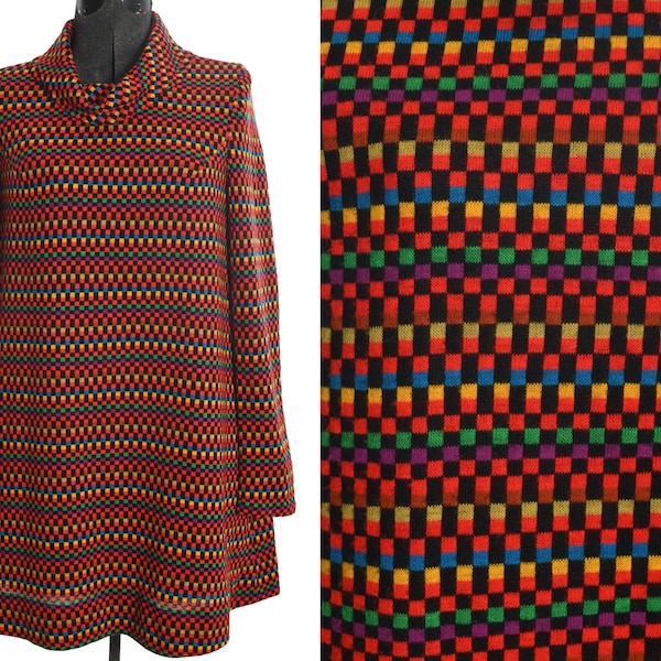 Vintage 1960s XS Rainbow Long Sleeve Geometric Mini Tent Dress | True Vintage 60s Retro Rainbow Psychedelic Dress