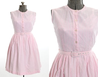 Vintage 1960s Small Pink White Striped Seersucker Sleeveless Shirtwaist Dress | True Vintage 60s Vertical Stripes Midi Pinup Dress