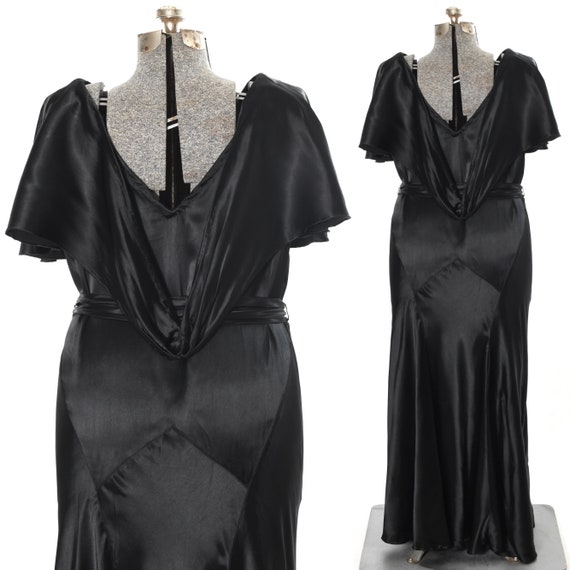 Vintage 1930s Plus Size Black Satin Caped Flutter… - image 5