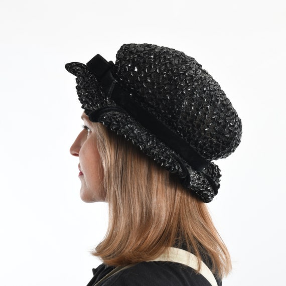 Vintage 1960s Black Straw Velvet Trim Split Brim … - image 3