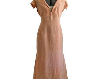 1930s Vintage Peach Taffeta Midi Dress: XS Cap Sleeve Art Deco