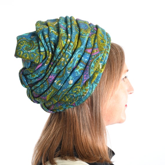 Vintage 1960s Blue Green Purple Wool Turban Hat  … - image 3