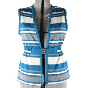 Vintage 1970s Large Teal Cream Striped Cinch Waist Vest  |   True Vintage 70s Tunic Vest