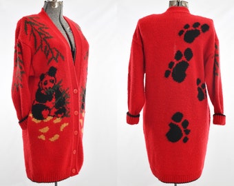 Vintage 1980s Large - XL Red Bamboo Panda Paws Oversized Cardigan Sweater |  by Fitting Image | True Vintage 80s - Early 90s Big Panda Shirt