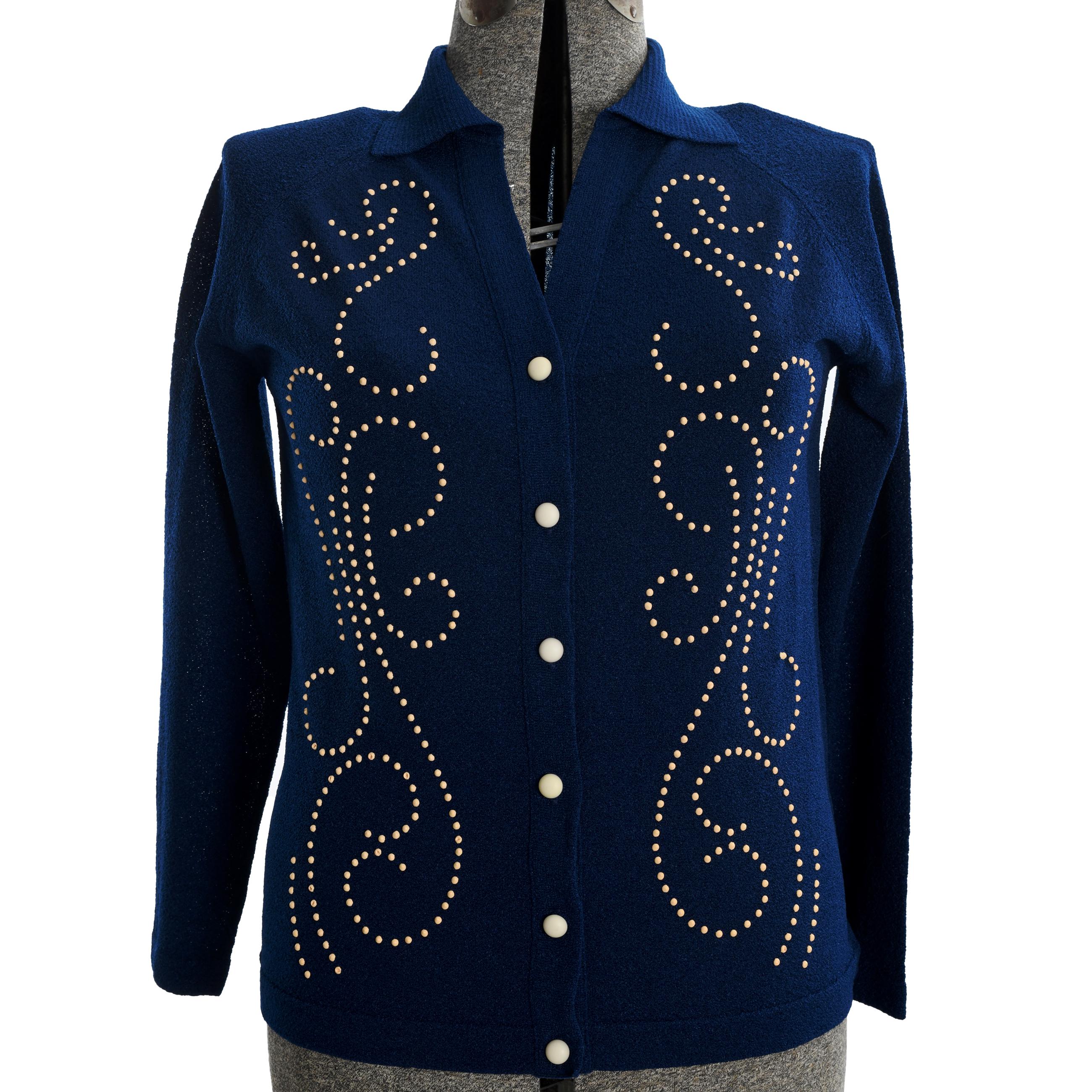 Vintage 70s Large Navy Blue Knit Cardigan: Textured Cream Dots