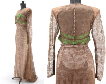 Vintage 1940s XS Brown Green Illusion Lace Evening Gown | by I. Magnin | 40s Vintage Bubble Train Maxi Dress