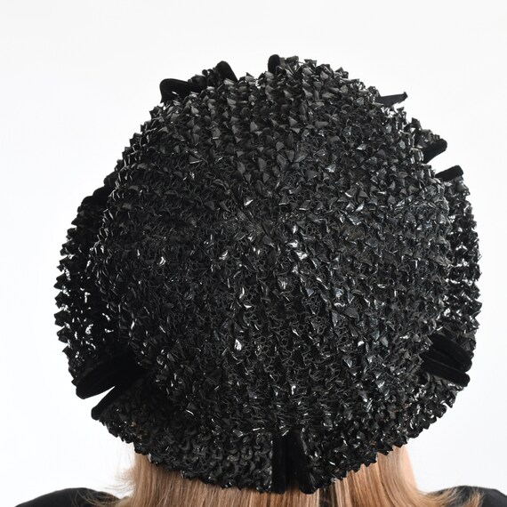 Vintage 1960s Black Straw Velvet Trim Split Brim … - image 6