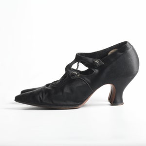 Antique 1910s Black Silk Satin Shoes | Size 6.5 Extra Narrow | by Laird and Schober | Titanic Era Shoes | Genuine Edwardian Heels
