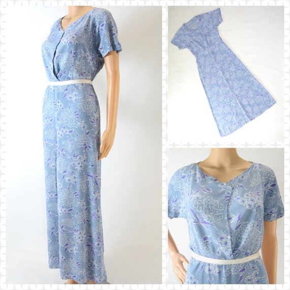 1940s Cold Rayon Periwinkle Floral Print Full Leng