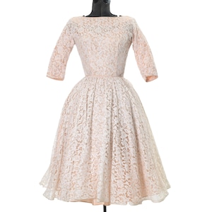 Vintage 1950s XXS Petite Cream Lace Champagne Taffeta Full Circle Party Dress