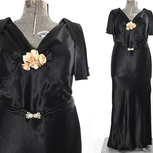 Vintage 1930s Plus Size Black Satin Caped Flutter Sleeve Bias Cut Maxi Evening Gown  | True Vintage 30s Black Formal Dress
