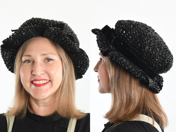 Vintage 1960s Black Straw Velvet Trim Split Brim … - image 1