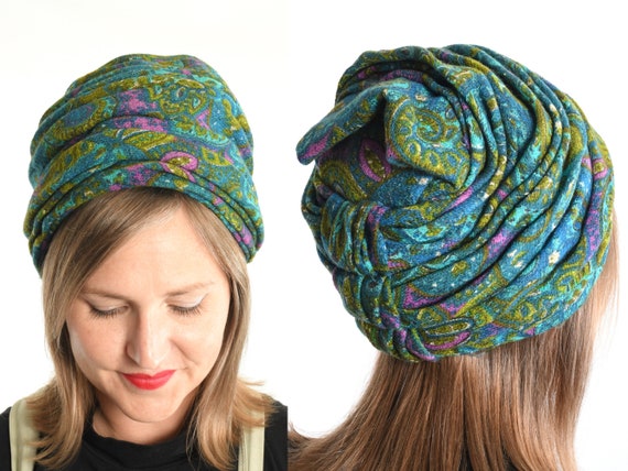 Vintage 1960s Blue Green Purple Wool Turban Hat  … - image 1