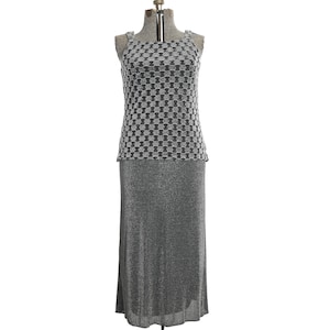 90s Lurex Large Evening Set: Vintage Silver Black Sparkle Top and Skirt
