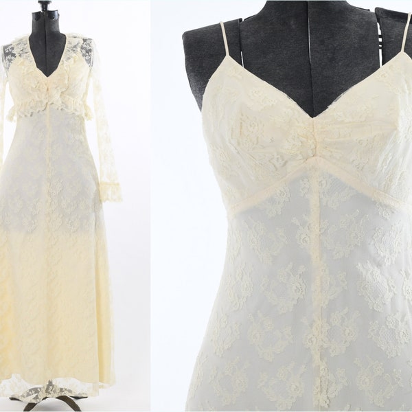 Vintage 1970s Small Petite Cream Lace Maxi Simple Wedding Dress Bolero Set | True Vintage 70s Dress Set