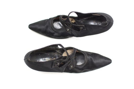 Antique 1910s Black Silk Satin Shoes | Size 6.5 E… - image 6