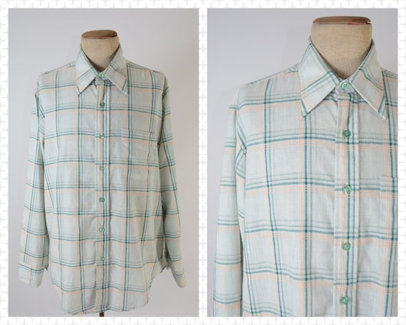 Early 1970s Mens Button Down Shirt - Green and Pe… - image 1