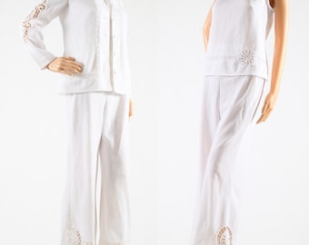 Vintage 1960s Medium Early 1970s 3 piece White Floral Lace Cutout Pants Set