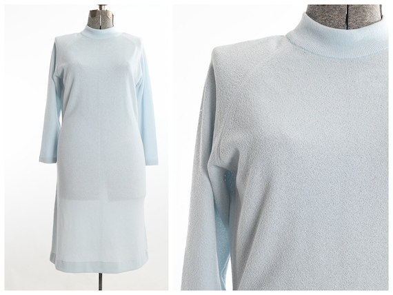 Vintage 1960s XL Early 70s Pale Blue Sweater Dres… - image 1