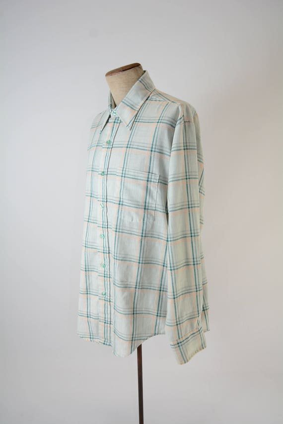 Early 1970s Mens Button Down Shirt - Green and Pe… - image 5