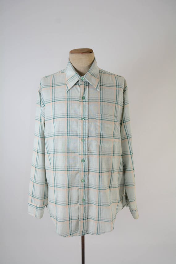 Early 1970s Mens Button Down Shirt - Green and Pe… - image 4