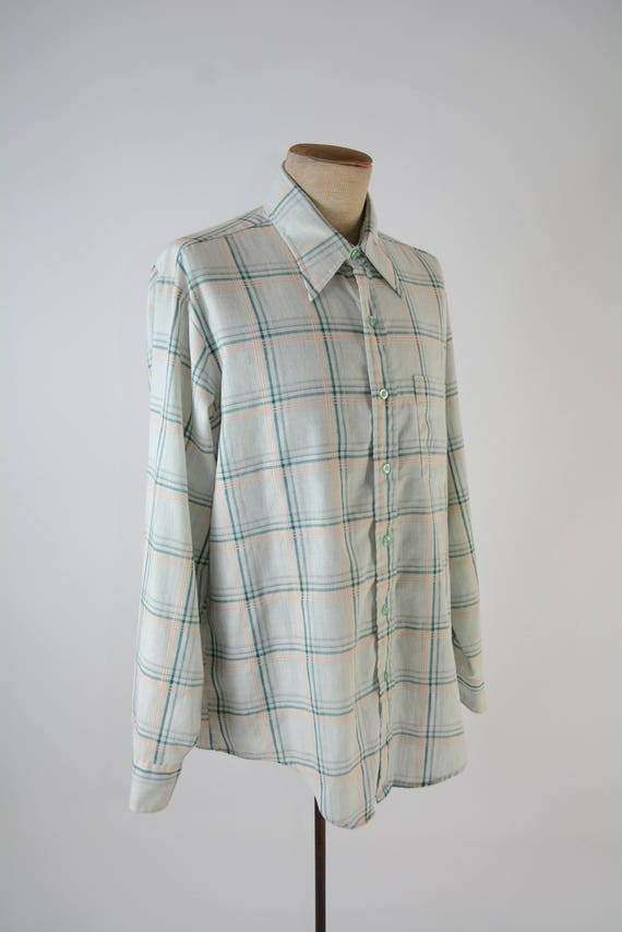 Early 1970s Mens Button Down Shirt - Green and Pe… - image 7