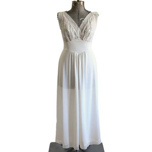 Vintage 1950s Size 36 White Beige Embroidered Sheer Bodice Maxi Nightgown | by Vanity Fair | True Vintage Medium Pinup Lingerie Nightgown