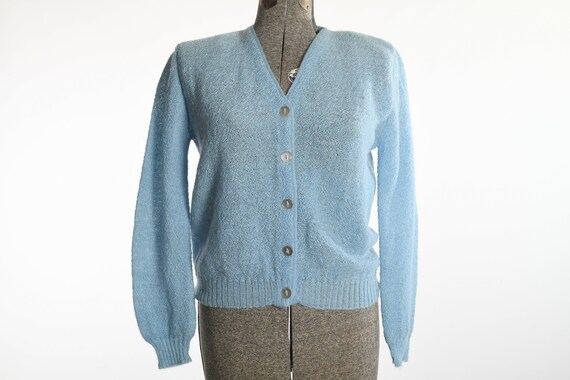 Vintage 1960s Medium Blue Mohair Wool V Neck Cardigan Sweater by 