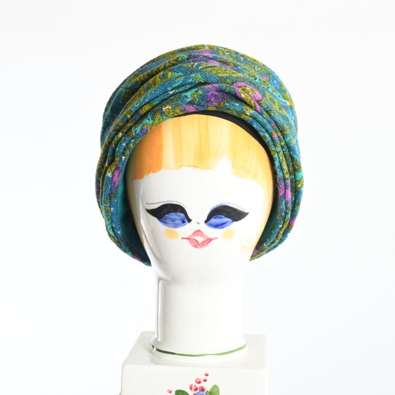 Vintage 1960s Blue Green Purple Wool Turban Hat  … - image 9