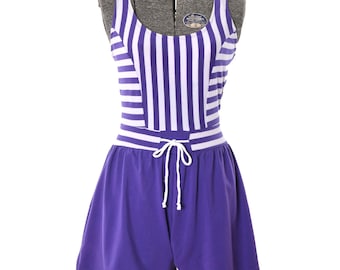 Vintage 80s Small Striped Romper: Purple and White Sleeveless Playsuit