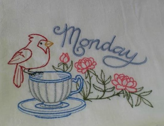 Tea Time Birds-Days of the Week.Embroidered Kitchen Towel Set 