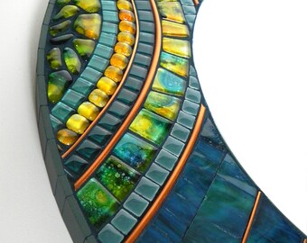 Mosaic Art - Mosaic Mirror - Round, Wall Decoration in Blue, Turqoise, Yellow and Copper,