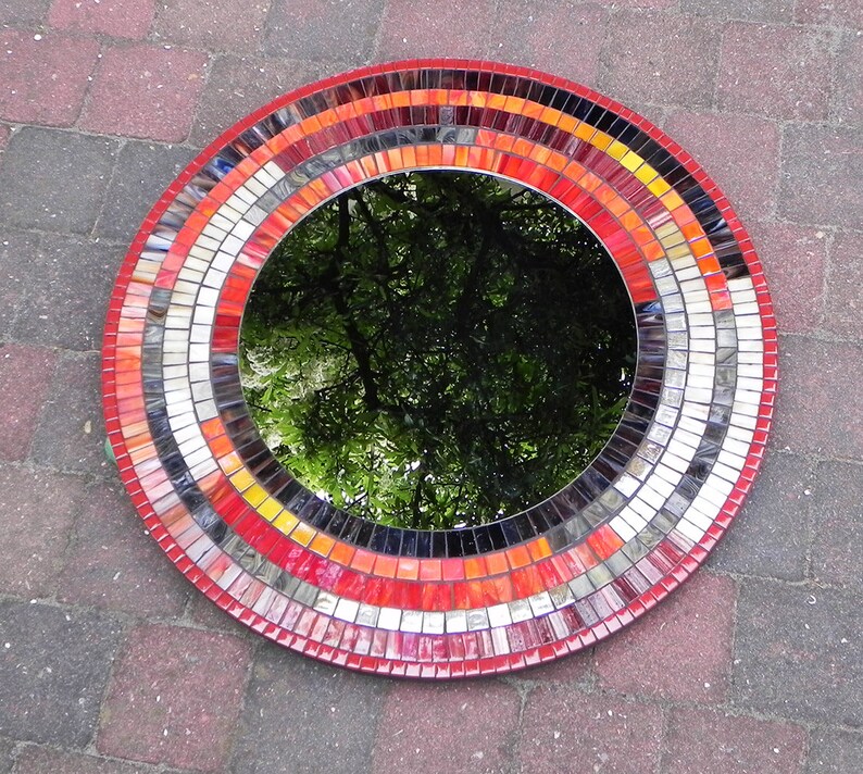Mosaic Art Mosaic Mirror Round Wall Decoration in Red Etsy