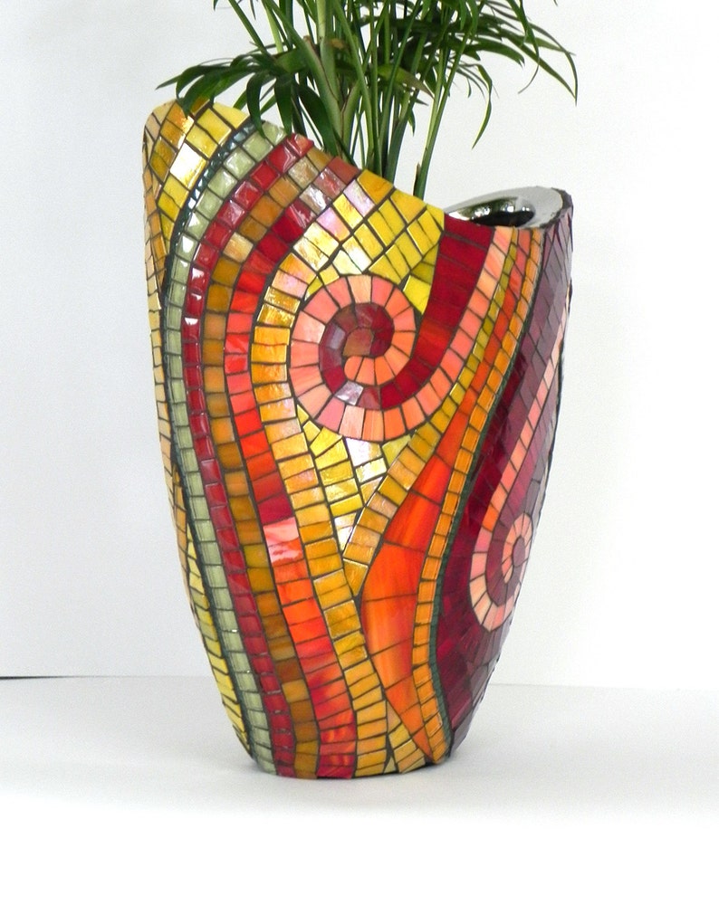 Mosaic Art Stained Glass Mosaic Vase on Ceramic in Red and Etsy