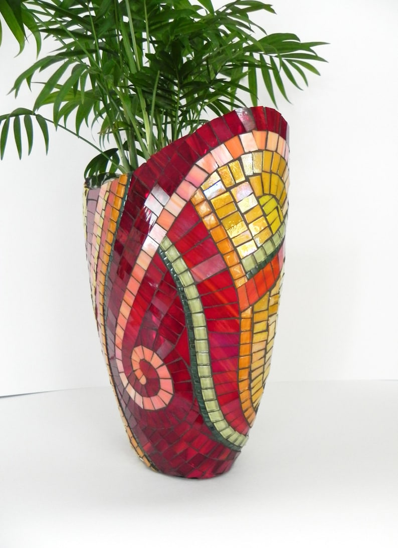 Mosaic Art Stained Glass Mosaic Vase on Ceramic in Red and Etsy
